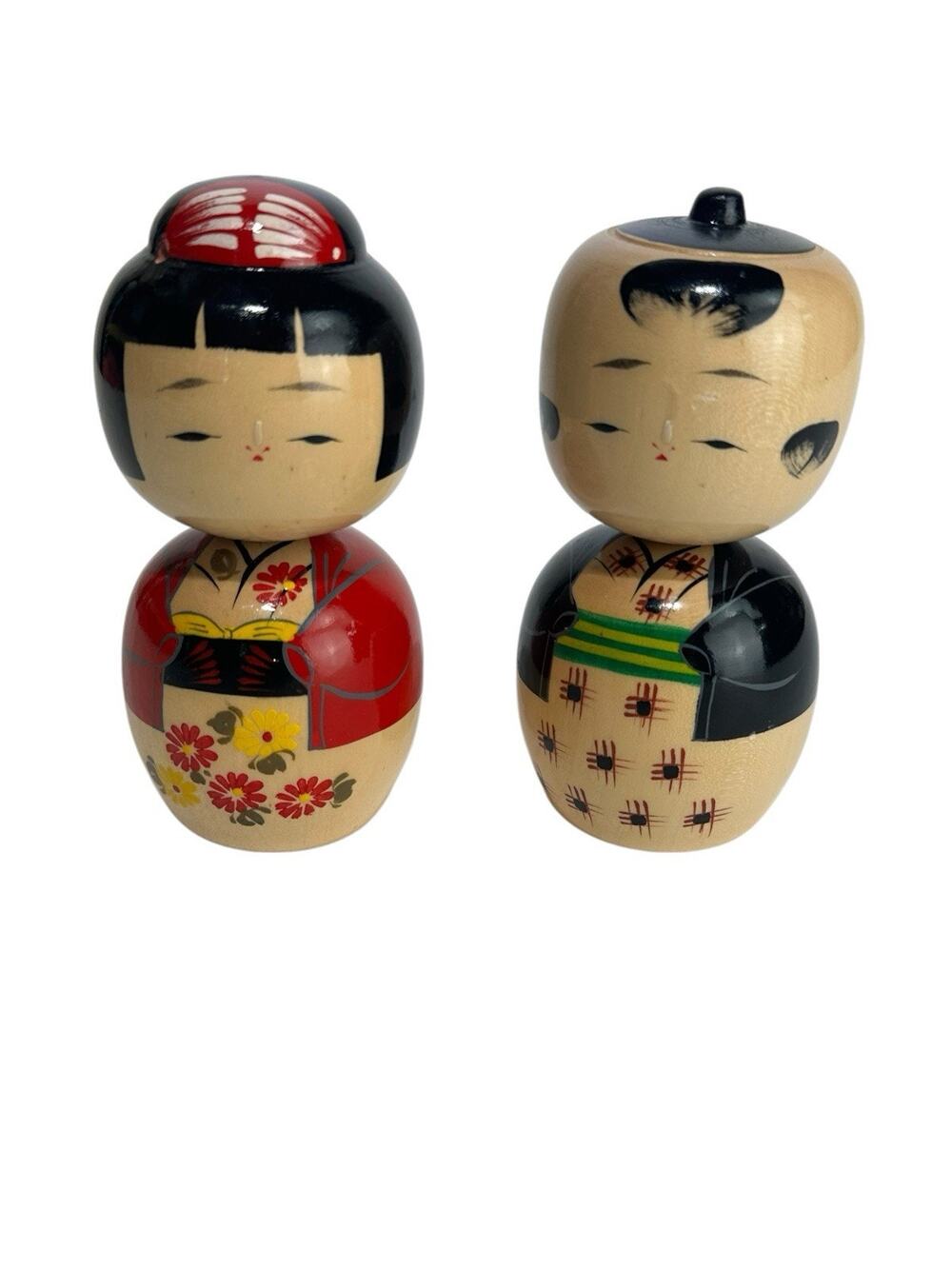 Vintage KOKESHI Wooden Dolls Japanese Married Couple Man Woman Set 5 In.